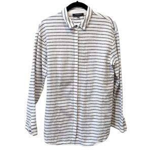 Lafayette 148 White and Grey Stripe Linen Blend Button Up Longsleeved Shirt (S)